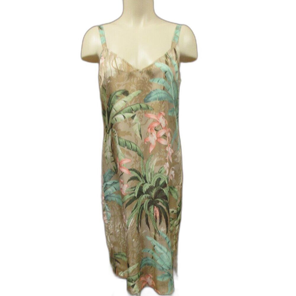 Tommy Bahama Palm Print Slip Midi Dress in Tan, Green, Teal, Pink
